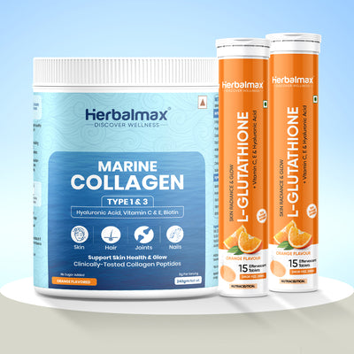 Glutathione Effervescent Orange Flavour (Pack of 2) with Marine Collagen (Pack of 1)