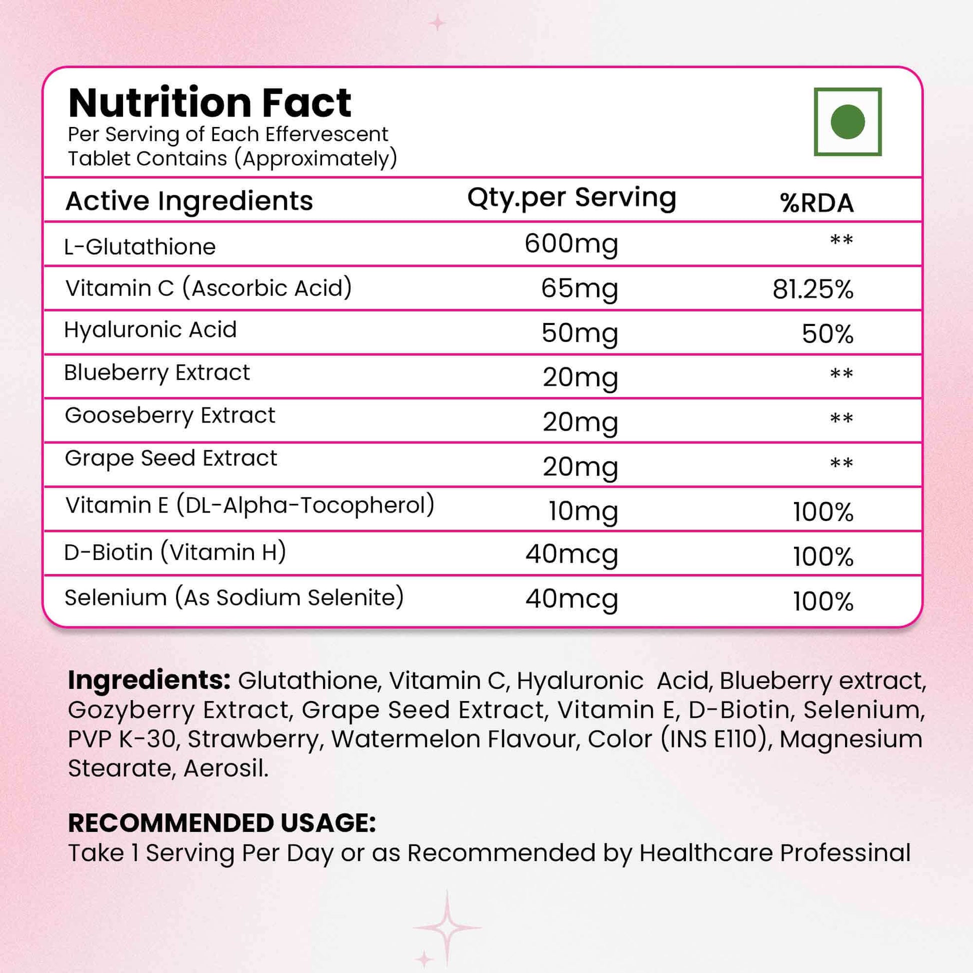 L-Glutathione 600 mg tablet Nutrition Fact