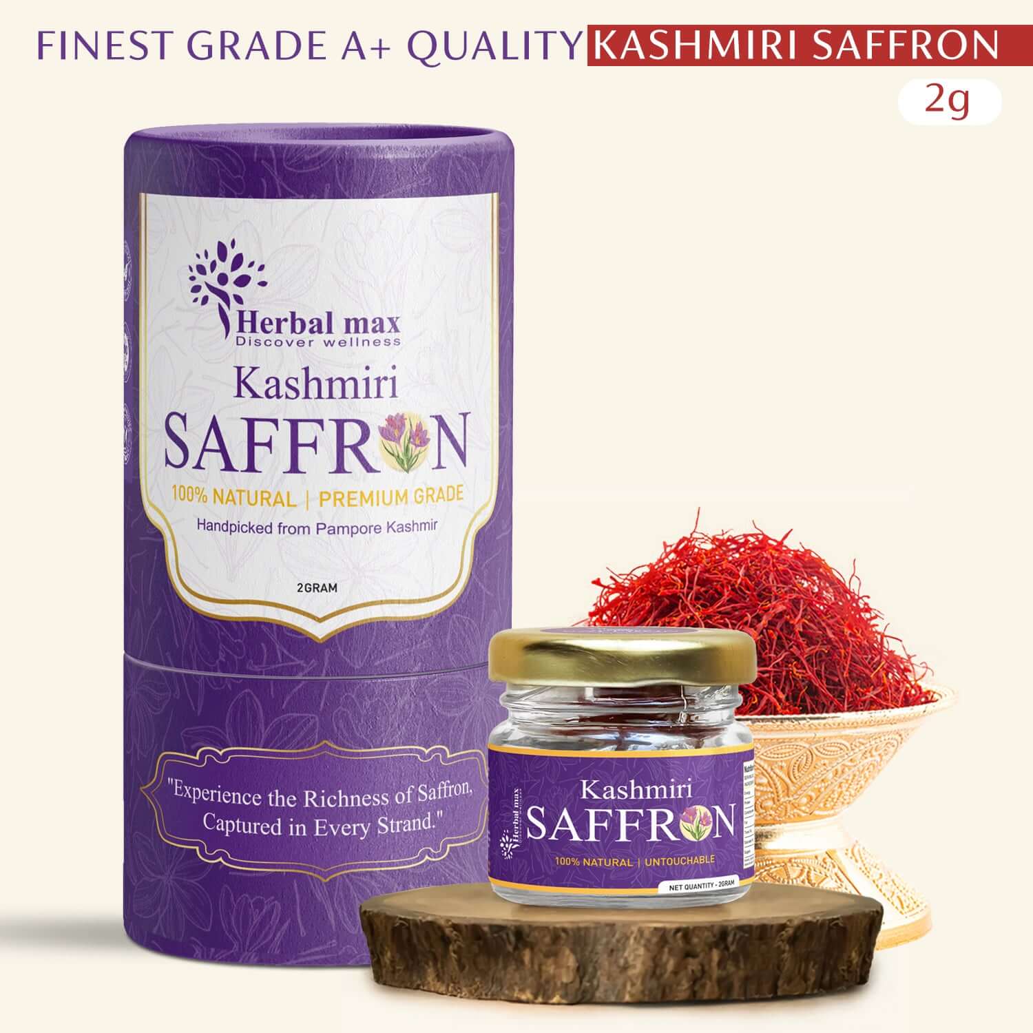 Herbal max Pure Kashmiri Saffron / Kesar (Grade A) for Strong Aroma & Intense Flavor – 2gm - Herbalmax