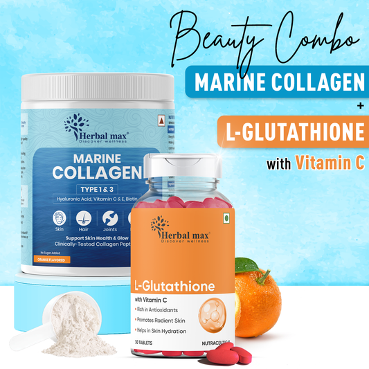 L - Glutathione with vitamin C & Marine Collagen for Skin Brightening & Even Skin Tone