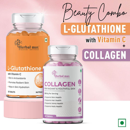 L - Glutathione And Collagen Tablet Supplement with vitamin C - Skin Glow and Radiance for Men & Women - 90 Veg Tablets