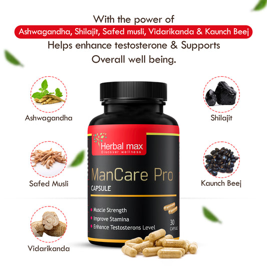 ManCare Pro™ Capsule With Shilajit Ashwagandha, Vaidarikandra, Kaunch beej and Safed Musli Extract For Men | 800mg Natural Herbs | 30 Capsules