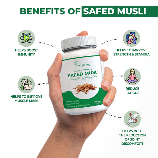 Safed Musli Extract Capsules Supports Immunity, Improves Strength, Provides Energy Level, Enhances Sports Performance and Promotes Healthy Bones 800mg - 60 Capsule