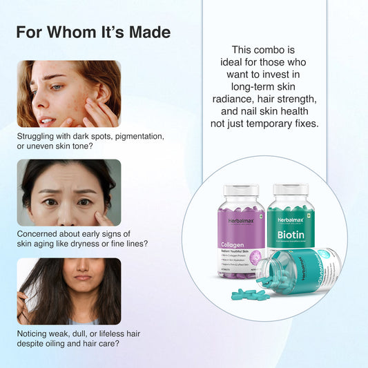 Glutathione + Collagen + Biotin Tablets Combo for Skin, Hair & Nails