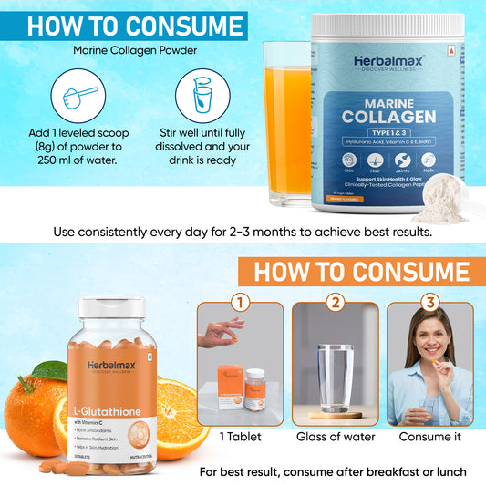 L - Glutathione with vitamin C & Marine Collagen for Skin Brightening & Even Skin Tone