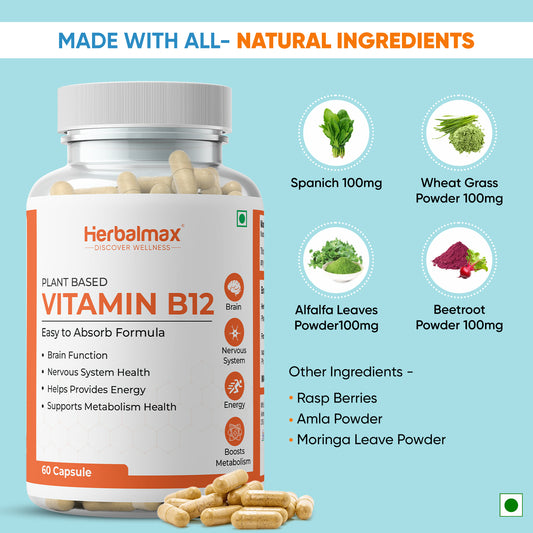 Plant Based Vitamin B-12, 2.2mcg, Improve Energy Level, Supports Brain Function (60 Capsules)