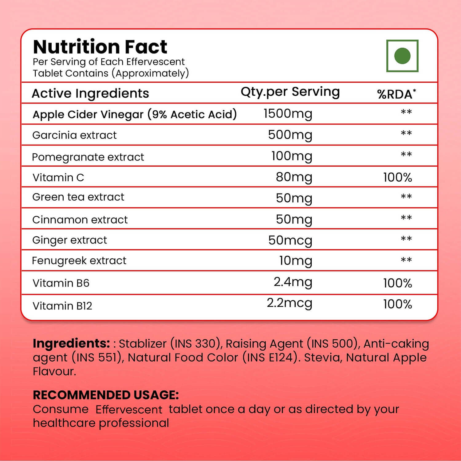 Nutrition of apple cider vinegar effervescent tablets