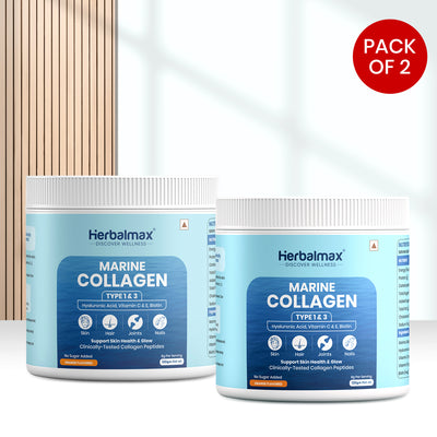 Herbalmax Marine Collagen With Hyaluronic Acid, Vitamin C & E, Biotin - for Youthful Skin (120 Gm - Pack of 2)