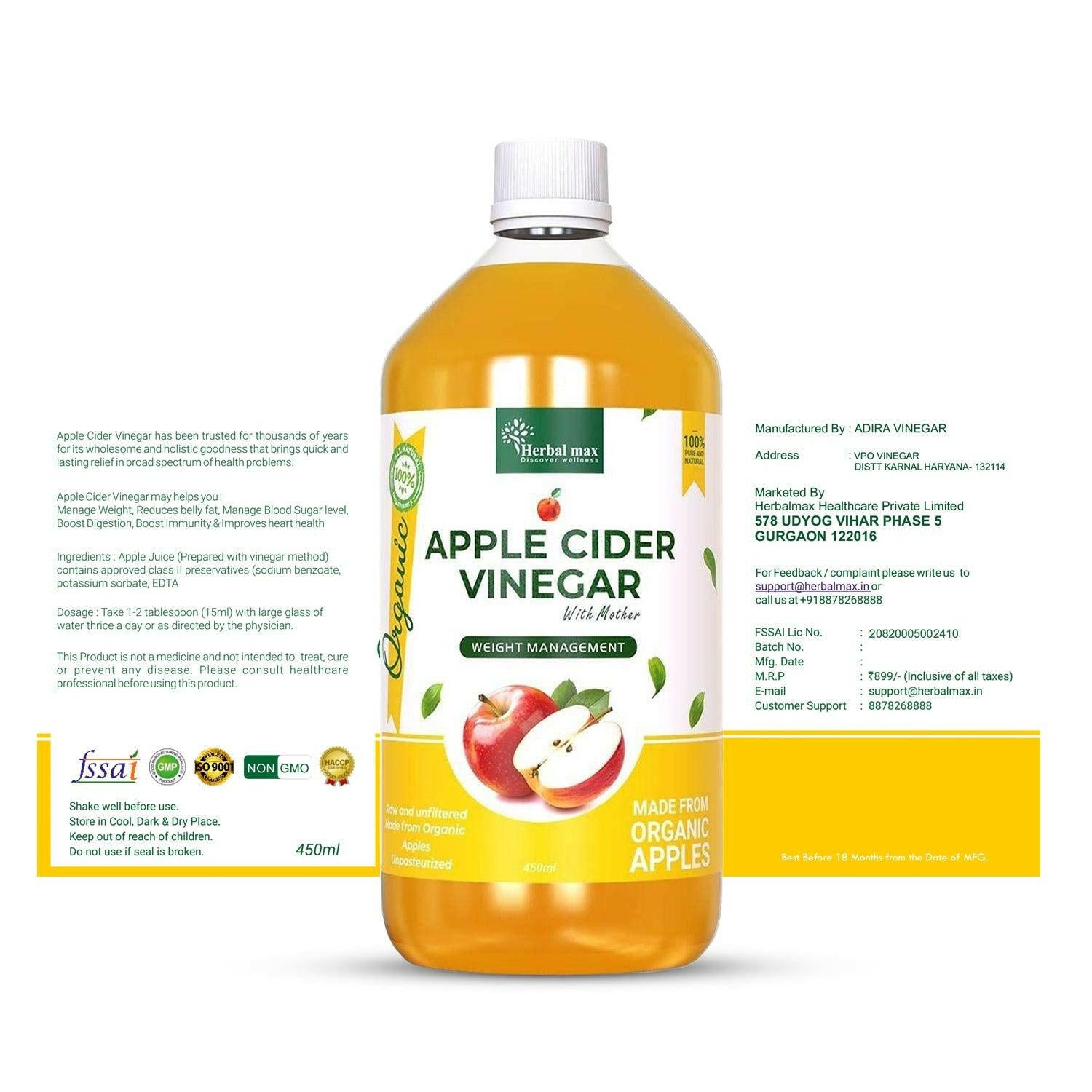 Herbal max Organic Apple Cider Vinegar with mother, 450ml - Herbalmax