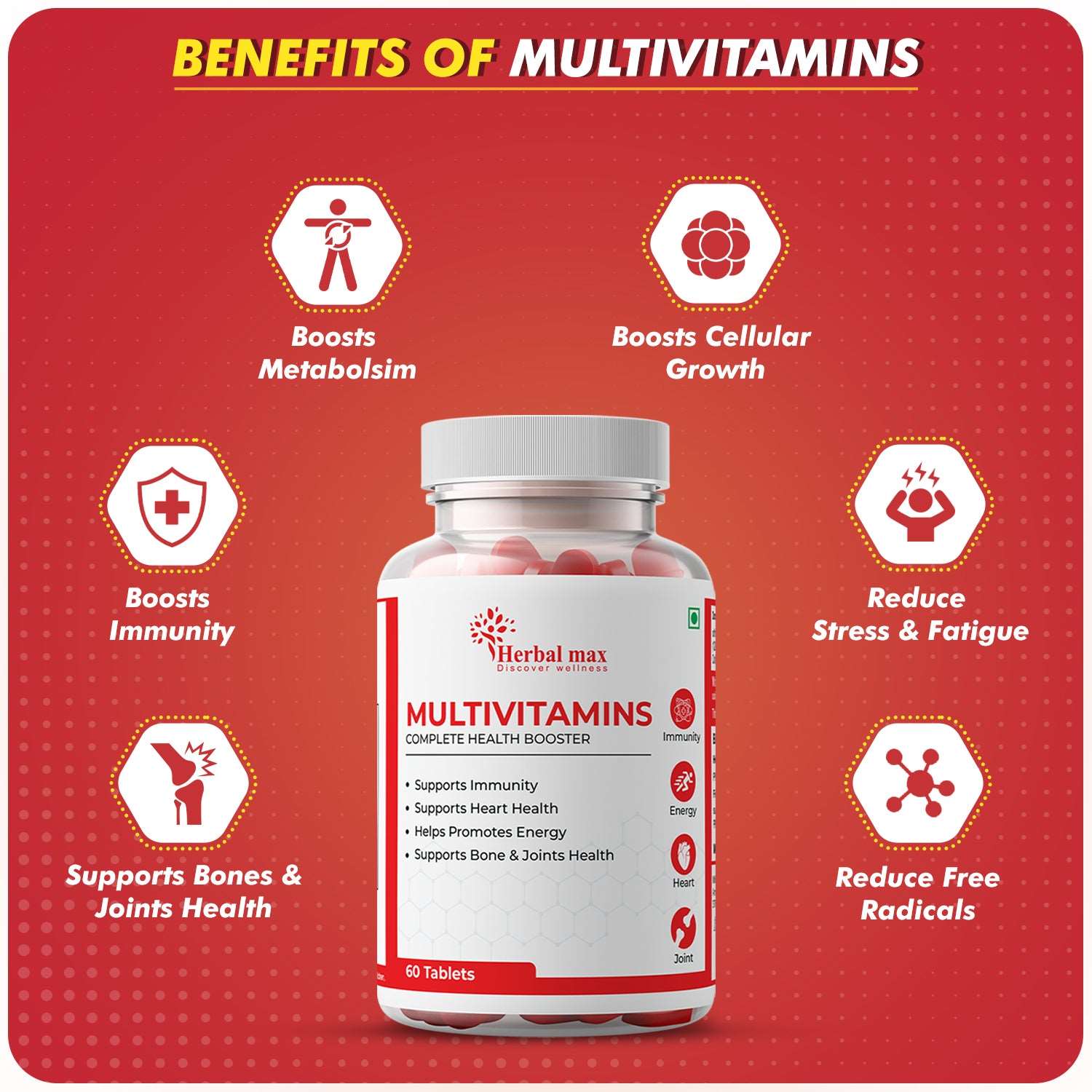 Herbal Max Multivitamins Tablets- Multimineral -Grape Seed Extracts - for Men & Women – 60 Veg Tablets