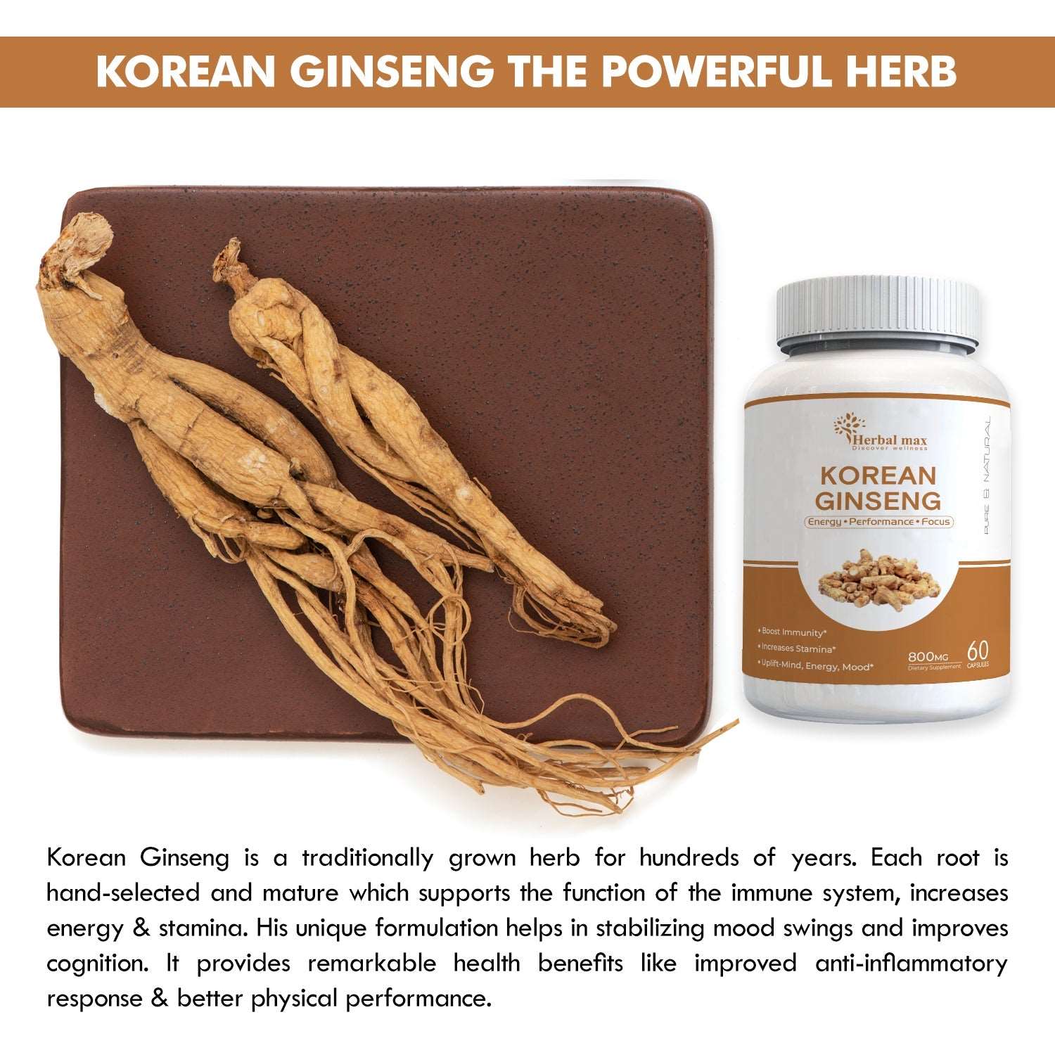 Herbal max Korean Ginseng - 60 Vegetarian Capsules (800mg)