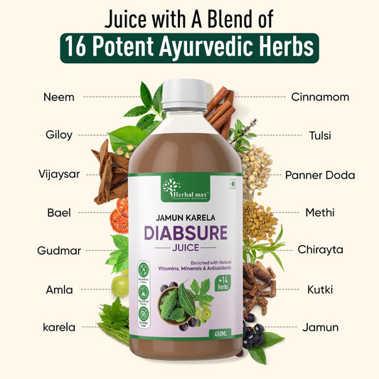 Herbal Max Diabsure Juice - Nature’s Sugar management Formula with Karela, Jamun, and More - 450 ml