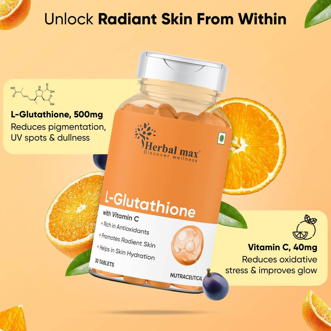 L-Glutathione with Vitamin C, E, Biotin and Grape Seed Extract, For ...