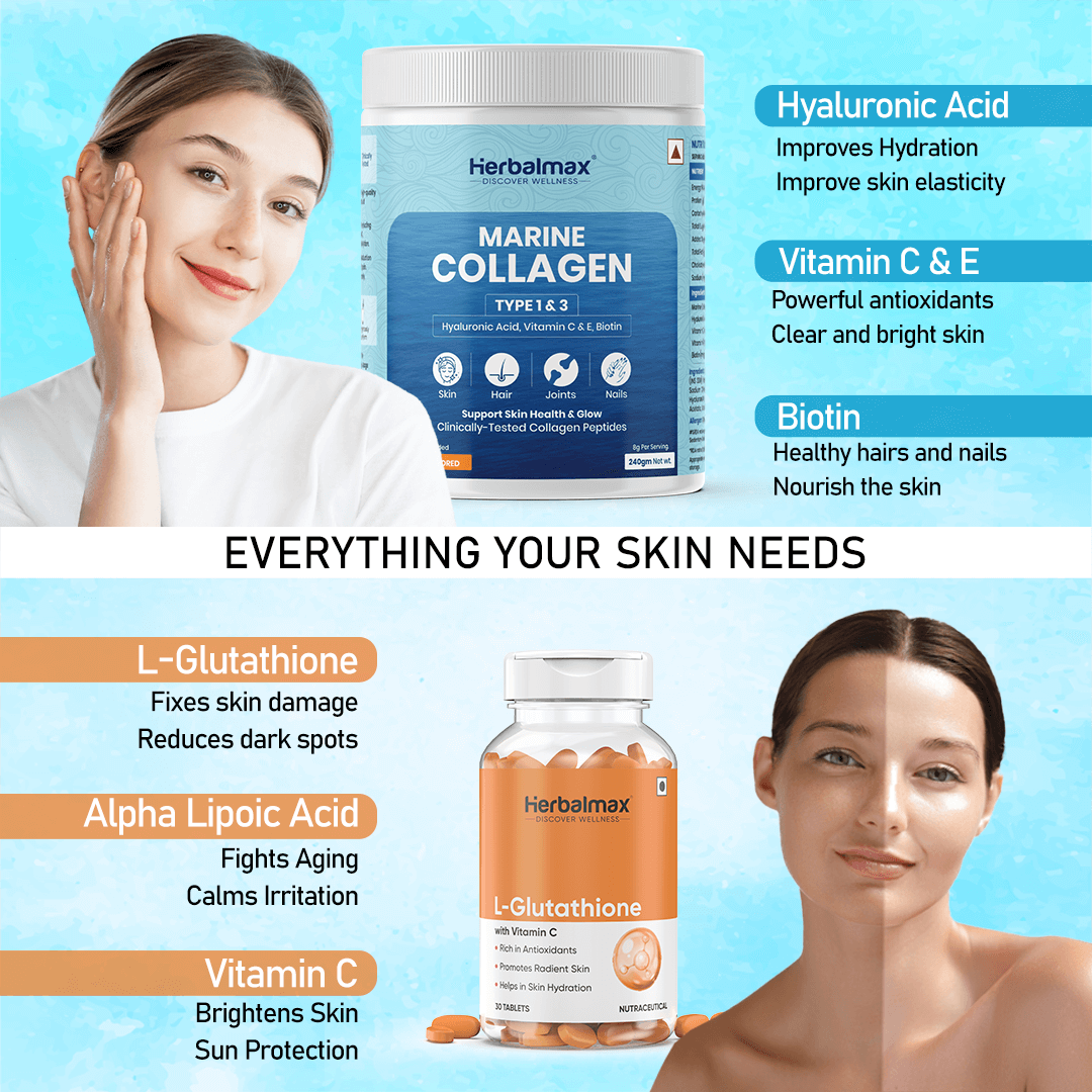 L-Glutathione + Marine Collagen for Bright, Even Skin |Herbalmax L-Glutathione + Marine Collagen for Bright, Even Skin |Herbalmax