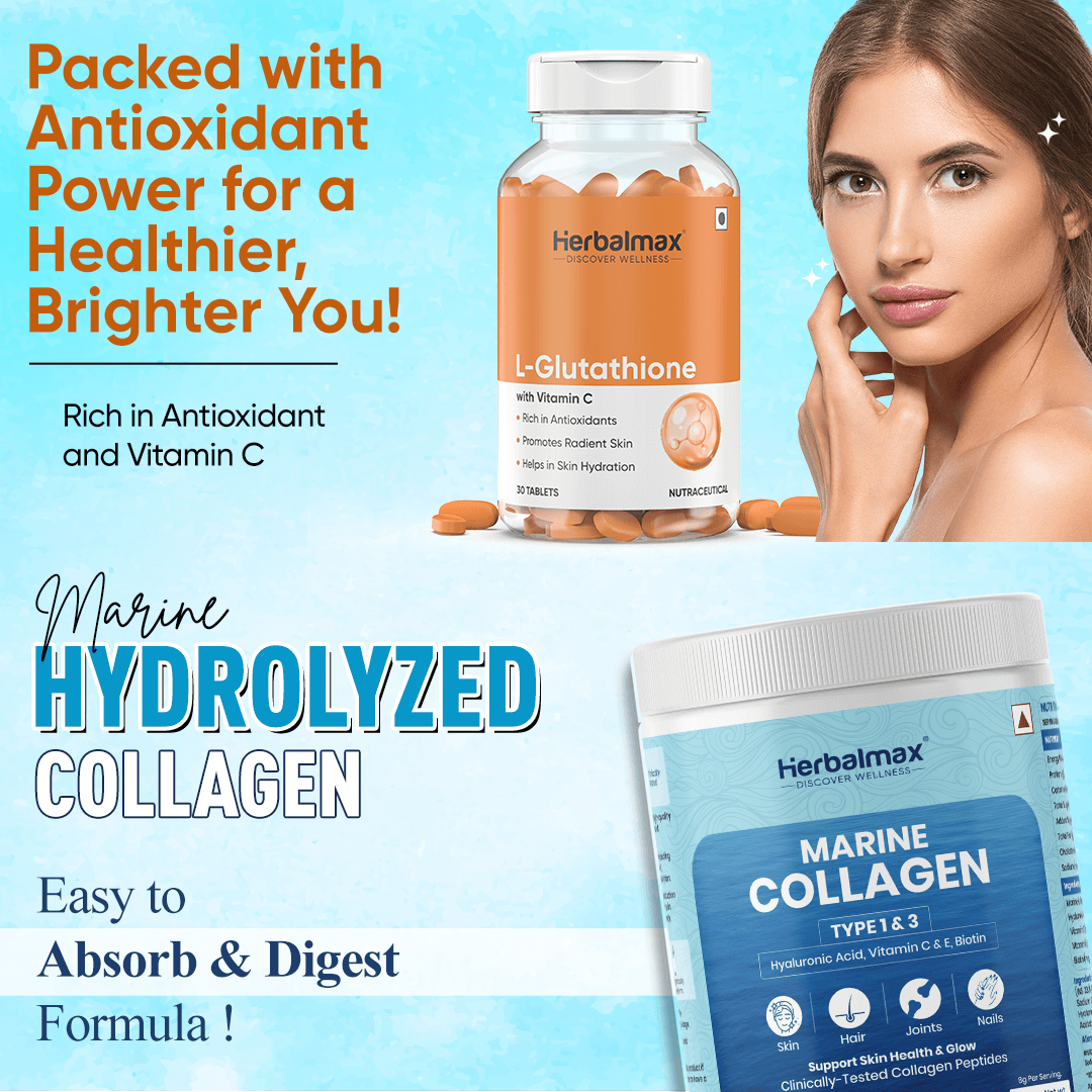 L-Glutathione + Marine Collagen for Bright, Even Skin |Herbalmax L-Glutathione + Marine Collagen for Bright, Even Skin |Herbalmax