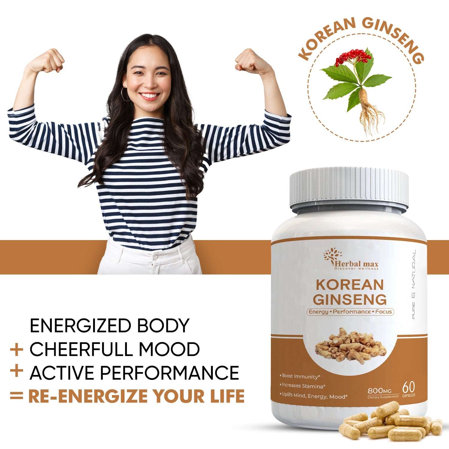 Herbal max Korean Ginseng - 60 Vegetarian Capsules (800mg)