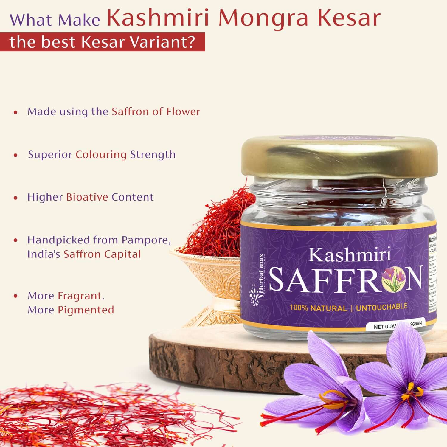 Herbal max Pure Kashmiri Saffron / Kesar (Grade A) for Strong Aroma & Intense Flavor – 2gm - Herbalmax